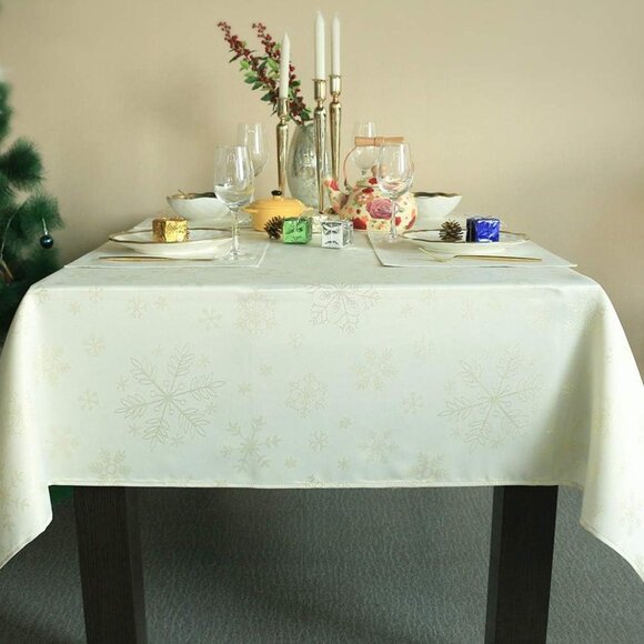 EUC LAVIN Gold Shimmer Snowflake Christmas Winter Tablecloth 104x60 - Picture 4 of 16